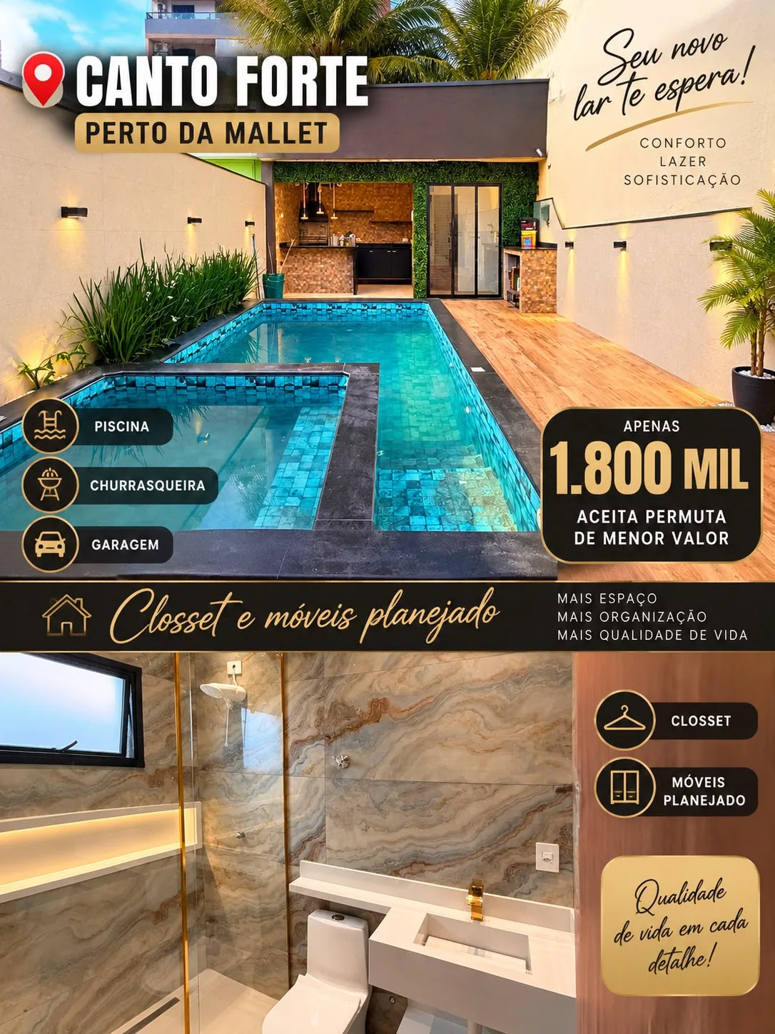 Casa com piscina e 2 suítes no Boqueirão, Praia Grande